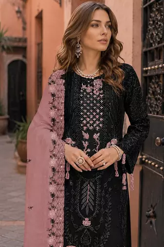 Black embroidered faux georgette semi stitched salwar suit