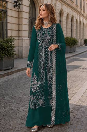 Teal velvet semi stitched suit with embroidery sequence work