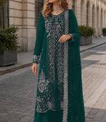 Teal velvet semi stitched suit with embroidery sequence work