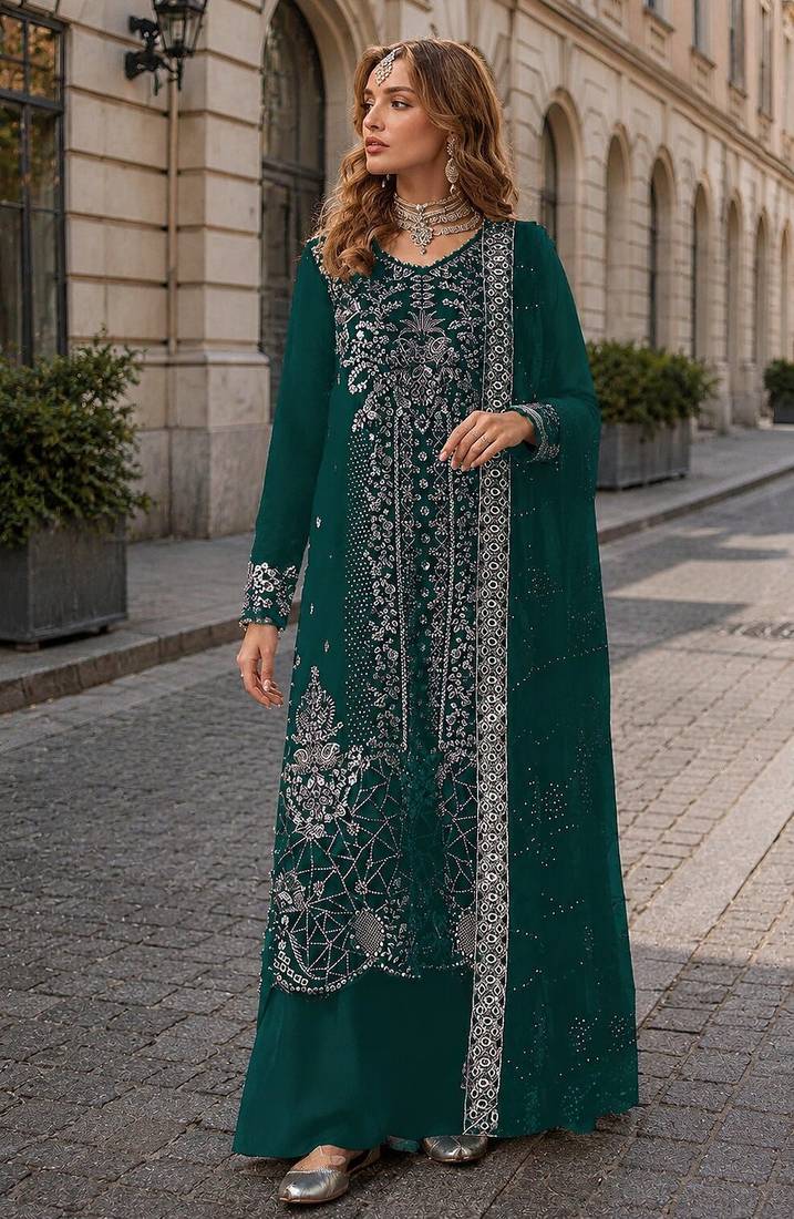 Teal velvet semi stitched suit with embroidery sequence work