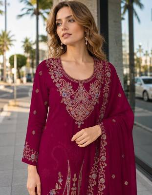 Red velvet semi stitched suit with embroidery codding work 2