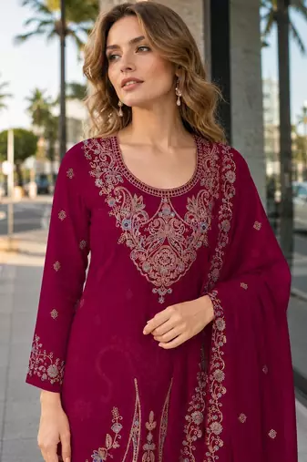 Red velvet semi stitched suit with embroidery codding work