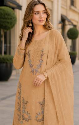 Yellow chiffon semi stitched suit with embroidery & sequin work 2