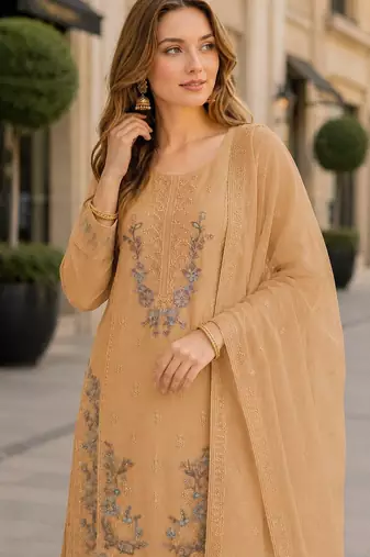 Yellow chiffon semi stitched suit with embroidery & sequence work