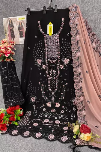 Black embroidered faux georgette semi stitched salwar suit