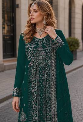 Teal velvet suit with embroidery sequin work 2