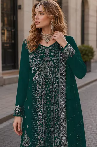 Teal velvet semi stitched suit with embroidery sequence work