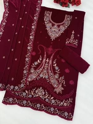 Red velvet semi stitched suit with embroidery codding work 3