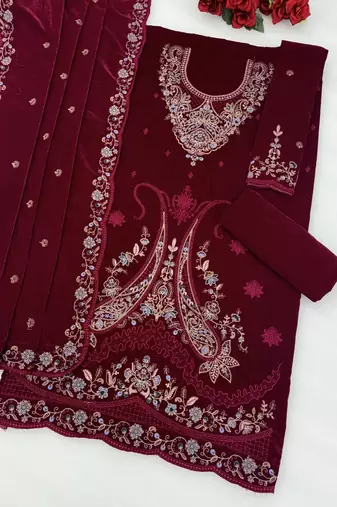 Red velvet semi stitched suit with embroidery codding work