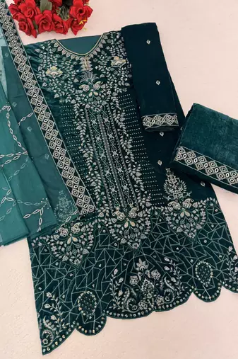 Teal velvet semi stitched suit with embroidery sequence work