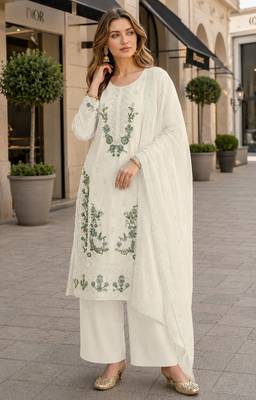 White chiffon semi stitched suit with embroidery & sequin work 1