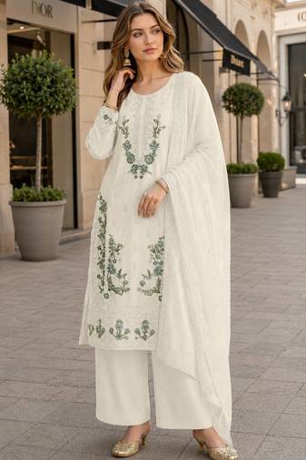 White chiffon semi stitched suit with embroidery & sequence work