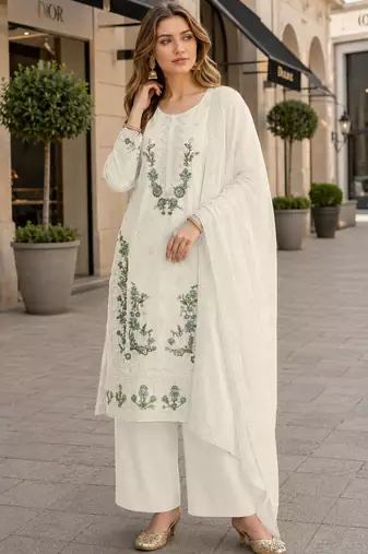 White chiffon semi stitched suit with embroidery & sequence work