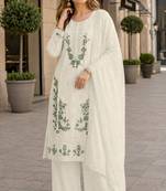 White chiffon semi stitched suit with embroidery & sequence work