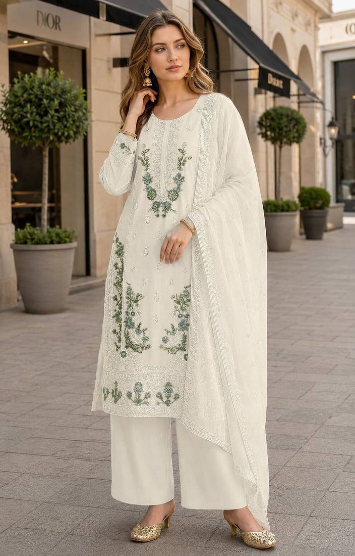 White chiffon semi stitched suit with embroidery & sequence work