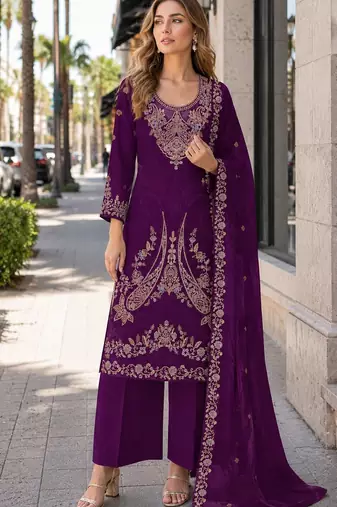 Maroon velvet semi stitched suit with embroidery codding work