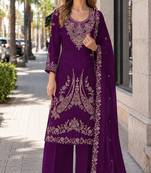 Maroon velvet semi stitched suit with embroidery codding work