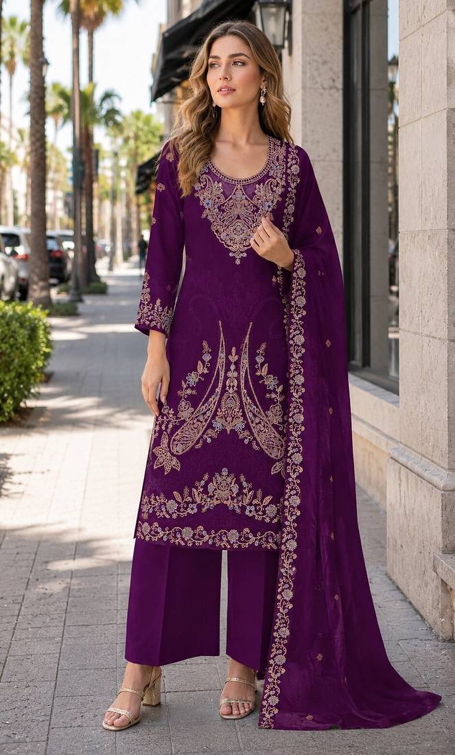 Maroon velvet semi stitched suit with embroidery codding work