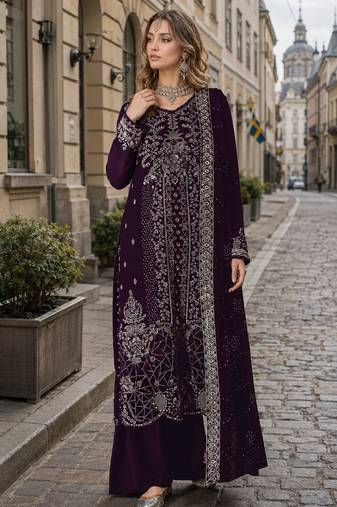 Purple velvet semi stitched suit with embroidery sequence work
