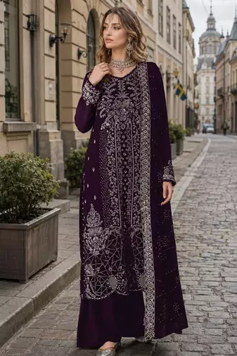 Purple velvet semi stitched suit with embroidery sequence work