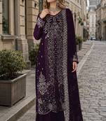 Purple velvet semi stitched suit with embroidery sequence work