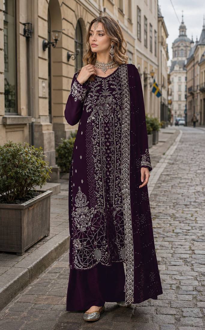 Purple velvet semi stitched suit with embroidery sequence work