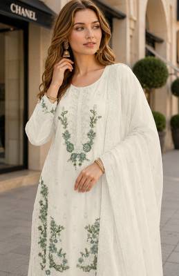 White chiffon semi stitched suit with embroidery & sequin work 2