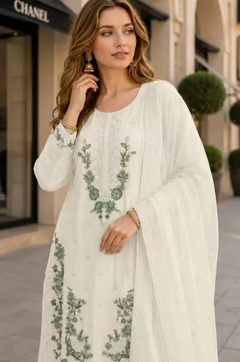 White chiffon semi stitched suit with embroidery & sequence work