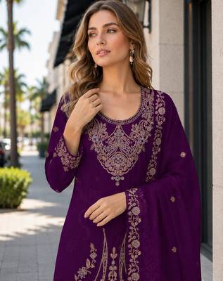 Maroon velvet semi stitched suit with embroidery codding work 2