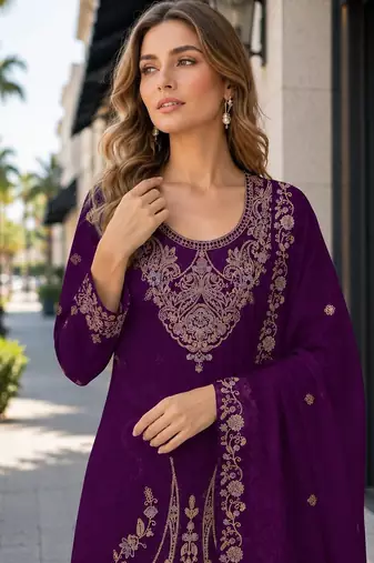 Maroon velvet semi stitched suit with embroidery codding work