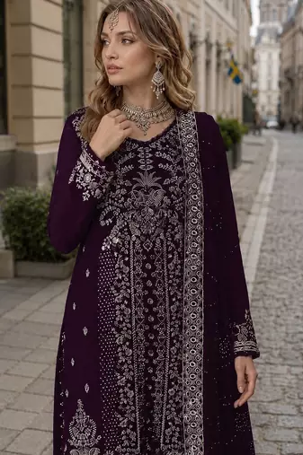 Purple velvet semi stitched suit with embroidery sequence work