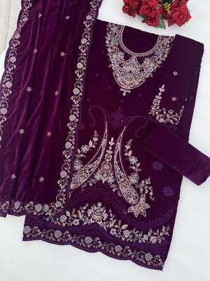 Maroon velvet semi stitched suit with embroidery codding work 3