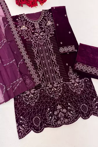 Purple velvet semi stitched suit with embroidery sequence work