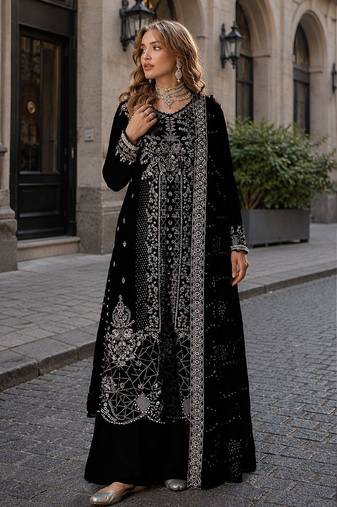 Black velvet semi stitched suit with embroidery sequence work