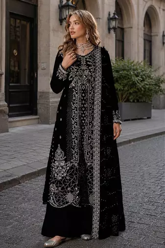 Black velvet semi stitched suit with embroidery sequence work