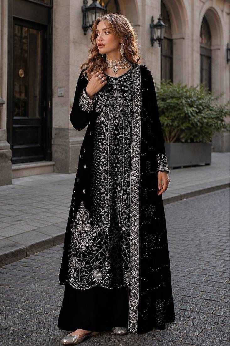 Black velvet semi stitched suit with embroidery sequence work