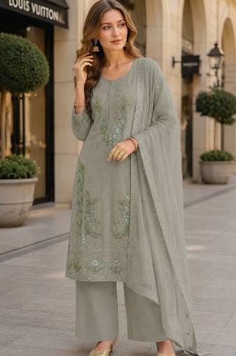 Grey chiffon semi stitched suit with embroidery & sequence work