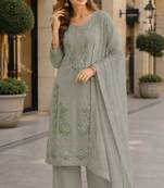 Grey chiffon semi stitched suit with embroidery & sequence work