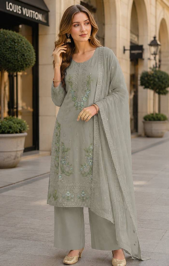 Grey chiffon semi stitched suit with embroidery & sequence work