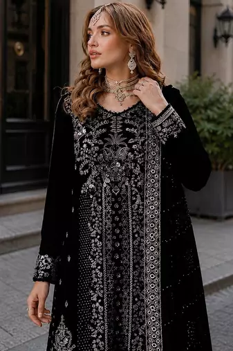 Black velvet semi stitched suit with embroidery sequence work