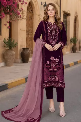 Purple velvet semi stitched suit with embroidery sequence work
