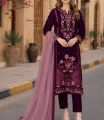 Purple velvet semi stitched suit with embroidery sequence work