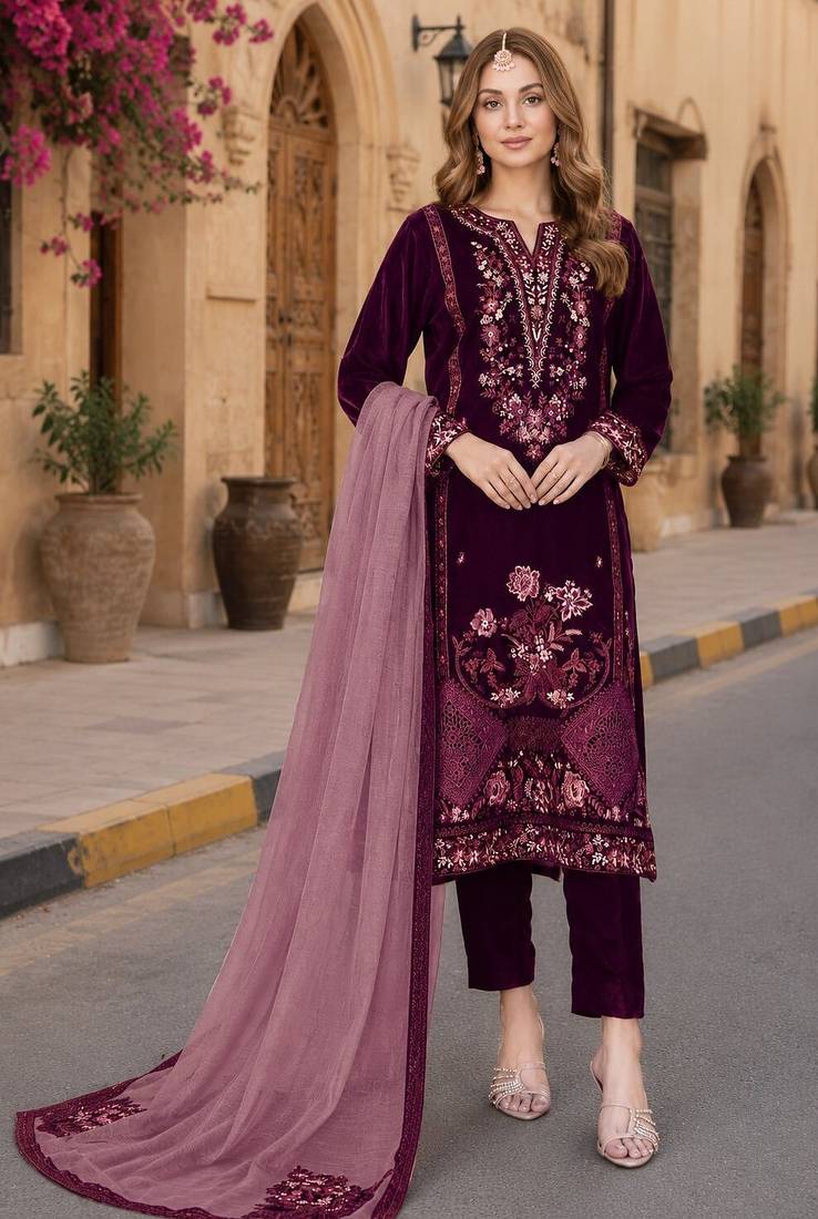 Purple velvet semi stitched suit with embroidery sequence work