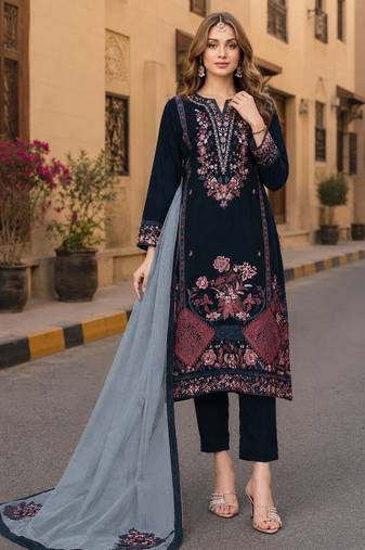 Navy blue velvet semi stitched suit with embroidery sequence work