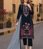 Navy blue velvet semi stitched suit with embroidery sequence work