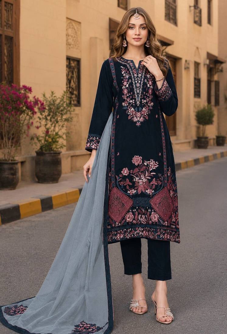Navy blue velvet semi stitched suit with embroidery sequence work