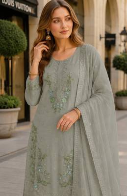Grey chiffon semi stitched suit with embroidery & sequin work 2
