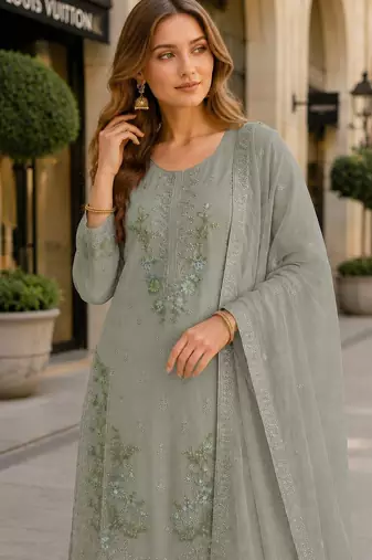 Grey chiffon semi stitched suit with embroidery & sequence work