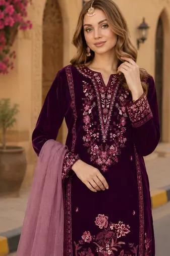 Purple velvet semi stitched suit with embroidery sequence work