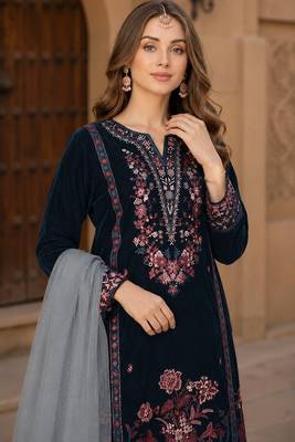 Navy blue velvet suit with embroidery sequin work 2